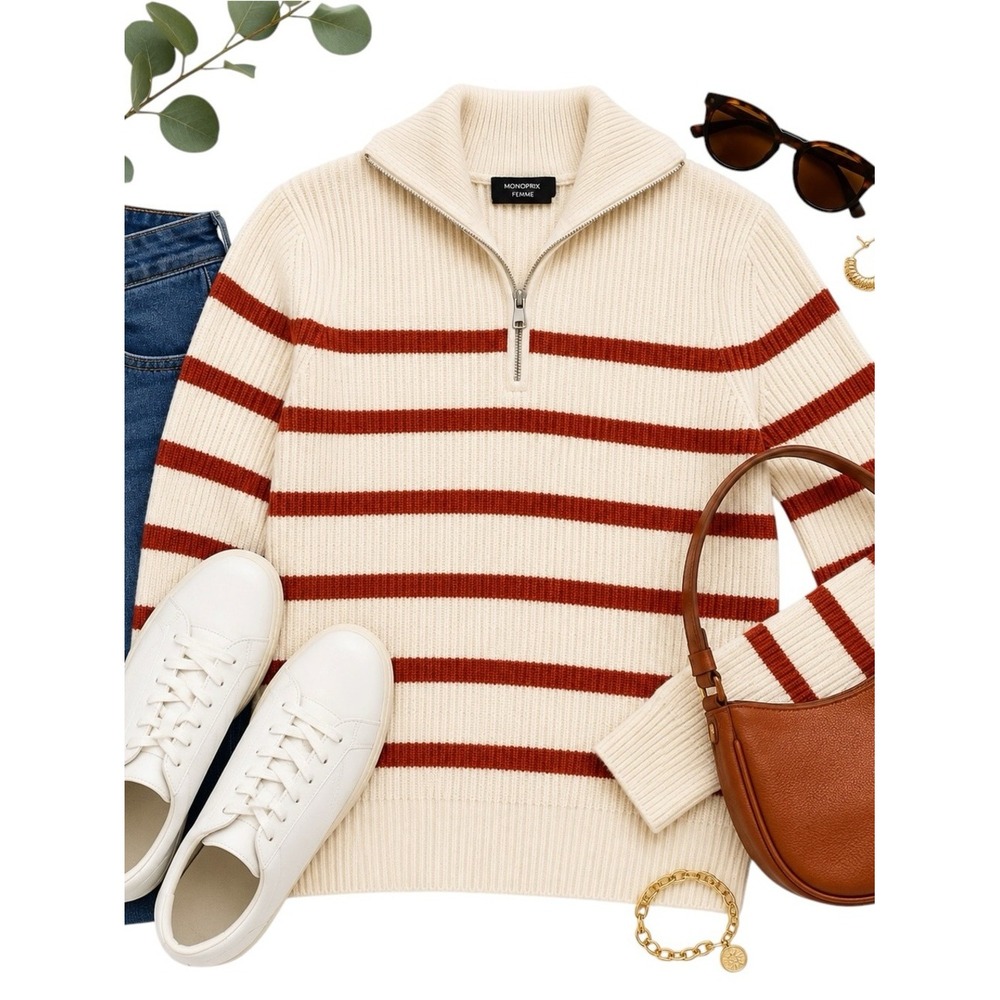 Monoprix Femme Ivory Rust Stripe Ribbed Half Zip Sweater XS French Knit Top Chic